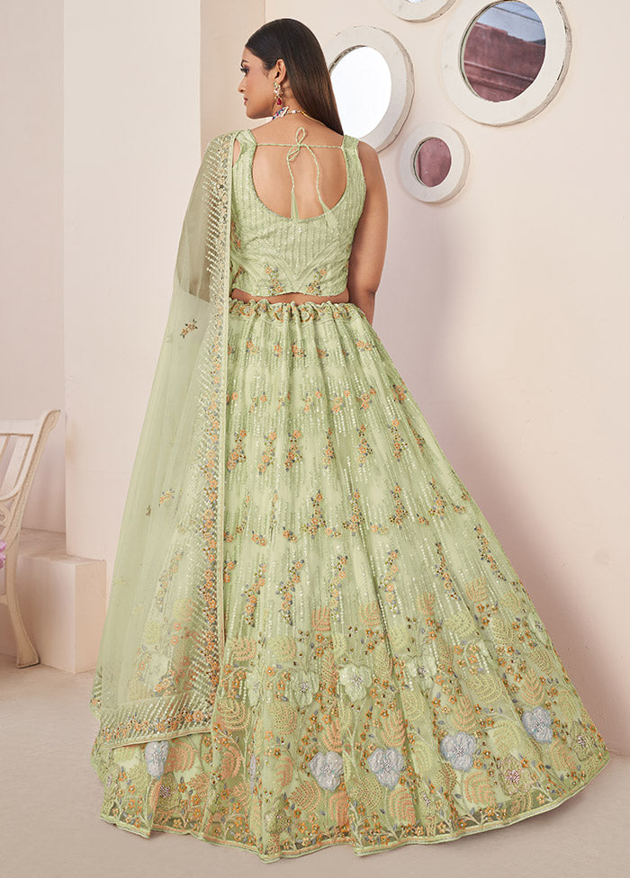 3 Pc Pista Green Net Semi Stitched Lehenga Set