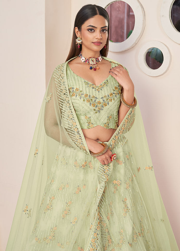 3 Pc Pista Green Net Semi Stitched Lehenga Set