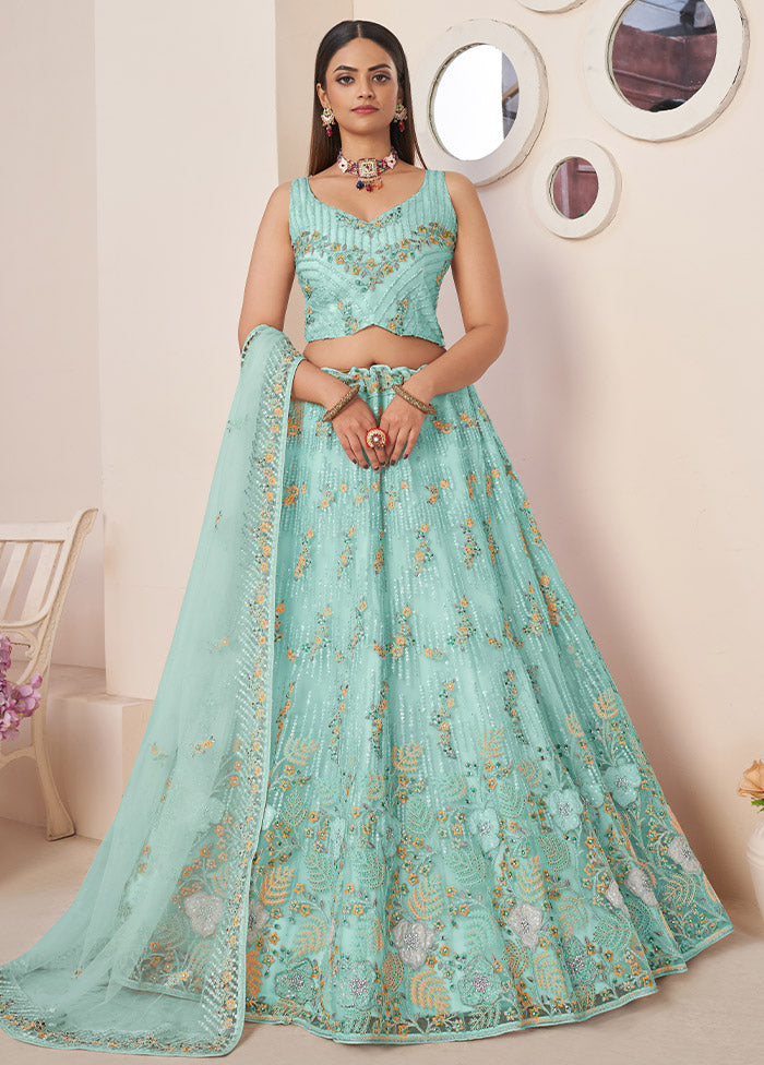 3 Pc Sky Blue Net Semi Stitched Lehenga Set