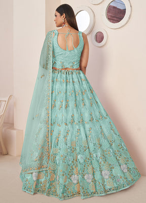 3 Pc Sky Blue Net Semi Stitched Lehenga Set