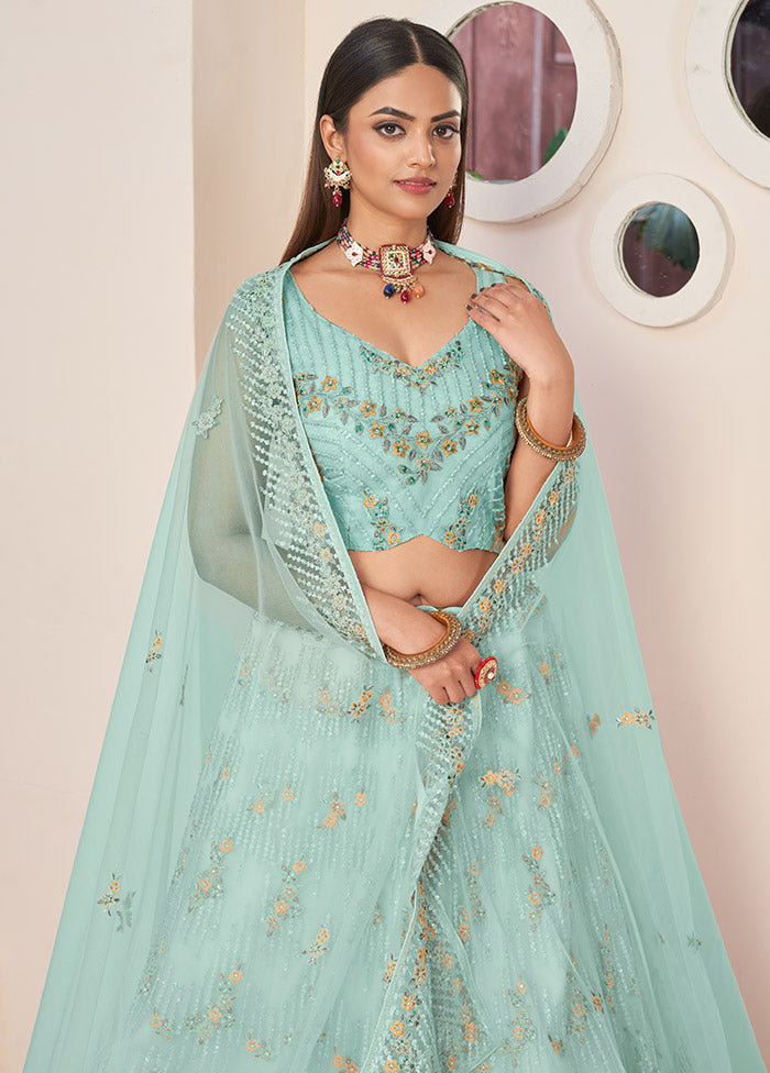 3 Pc Sky Blue Net Semi Stitched Lehenga Set