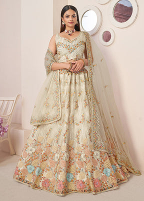 3 Pc Off White Net Semi Stitched Lehenga Set