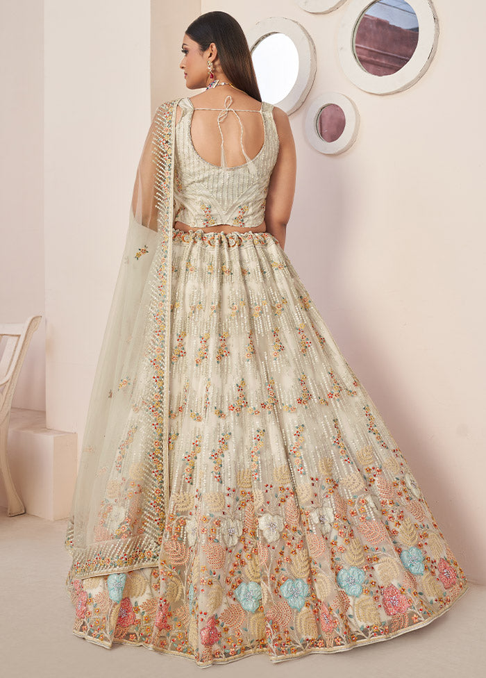 3 Pc Off White Net Semi Stitched Lehenga Set