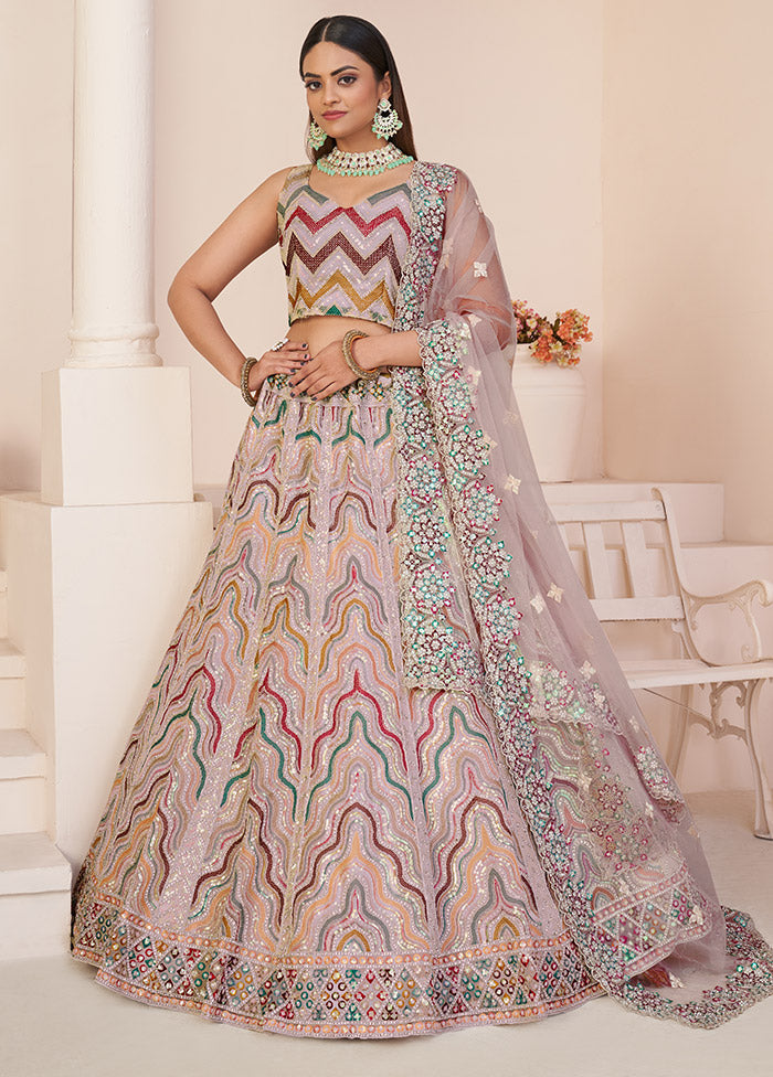 3 Pc Peach Net Semi Stitched Lehenga Set