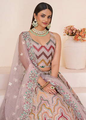 3 Pc Peach Net Semi Stitched Lehenga Set