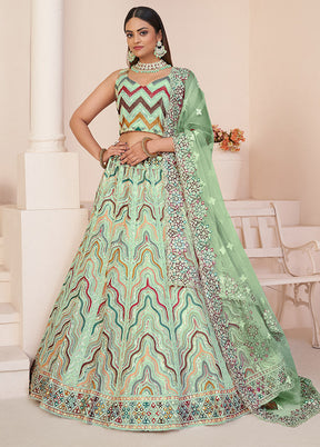 3 Pc Green Net Semi Stitched Lehenga Set