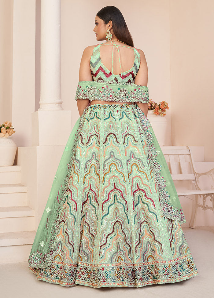 3 Pc Green Net Semi Stitched Lehenga Set