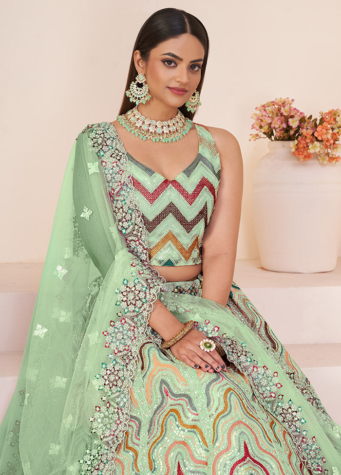 3 Pc Green Net Semi Stitched Lehenga Set