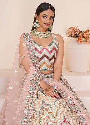 3 Pc Pink Net Semi Stitched Lehenga Set