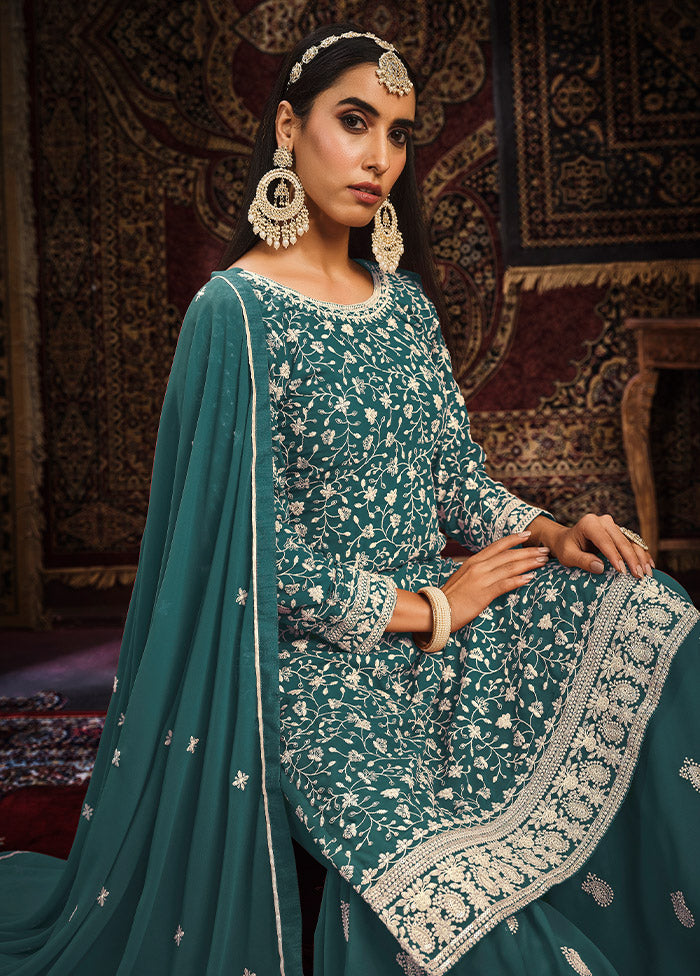 3 Pc Teal Georgette Unstitched Suit Set