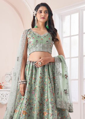 3 Pc Green Silk Semi Stitched Lehenga Set