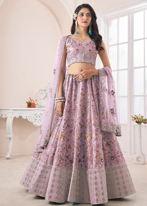 3 Pc Purple Silk Semi Stitched Lehenga Set