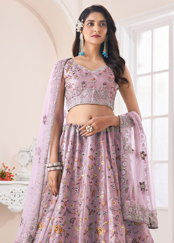 3 Pc Purple Silk Semi Stitched Lehenga Set