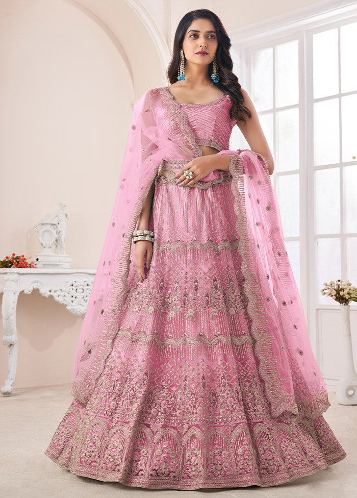 3 Pc Pink Net Semi Stitched Lehenga Set