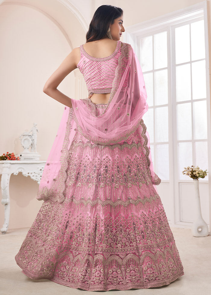 3 Pc Pink Net Semi Stitched Lehenga Set