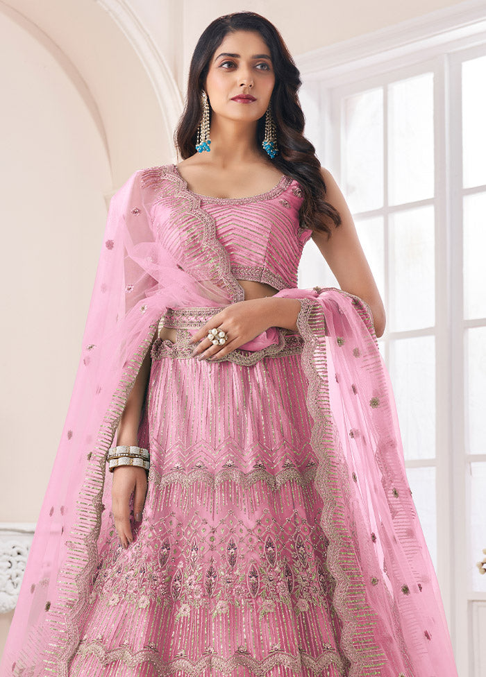 3 Pc Pink Net Semi Stitched Lehenga Set