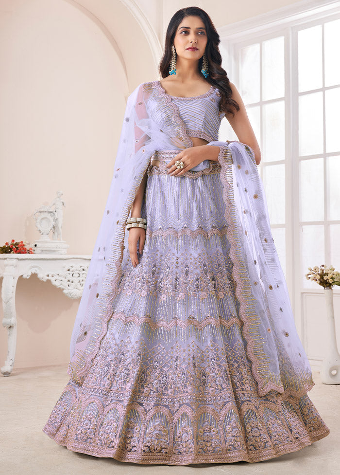 3 Pc Blue Net Semi Stitched Lehenga Set