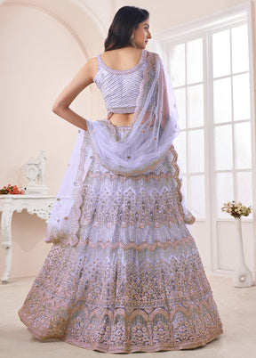 3 Pc Blue Net Semi Stitched Lehenga Set