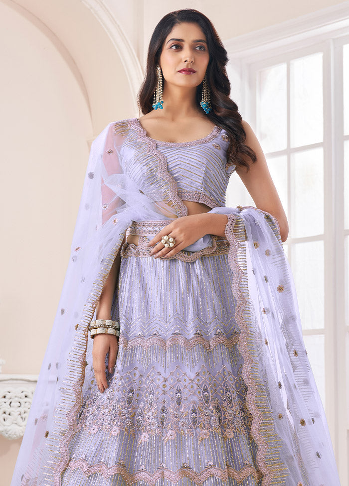 3 Pc Blue Net Semi Stitched Lehenga Set