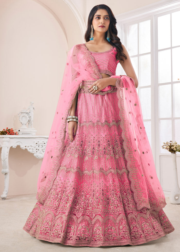 3 Pc Pink Net Semi Stitched Lehenga Set