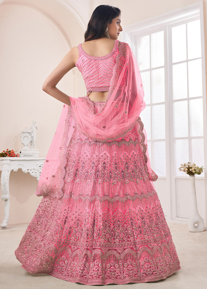 3 Pc Pink Net Semi Stitched Lehenga Set