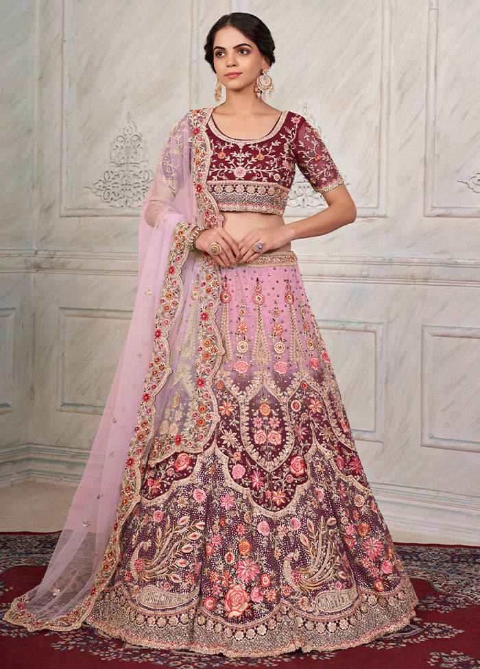 3 Pc Maroon Net Semi Stitched Lehenga Set