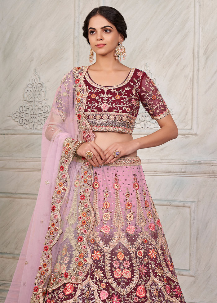 3 Pc Maroon Net Semi Stitched Lehenga Set