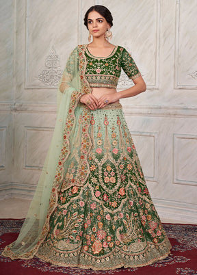 3 Pc Green Net Semi Stitched Lehenga Set