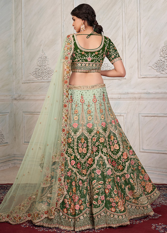 3 Pc Green Net Semi Stitched Lehenga Set