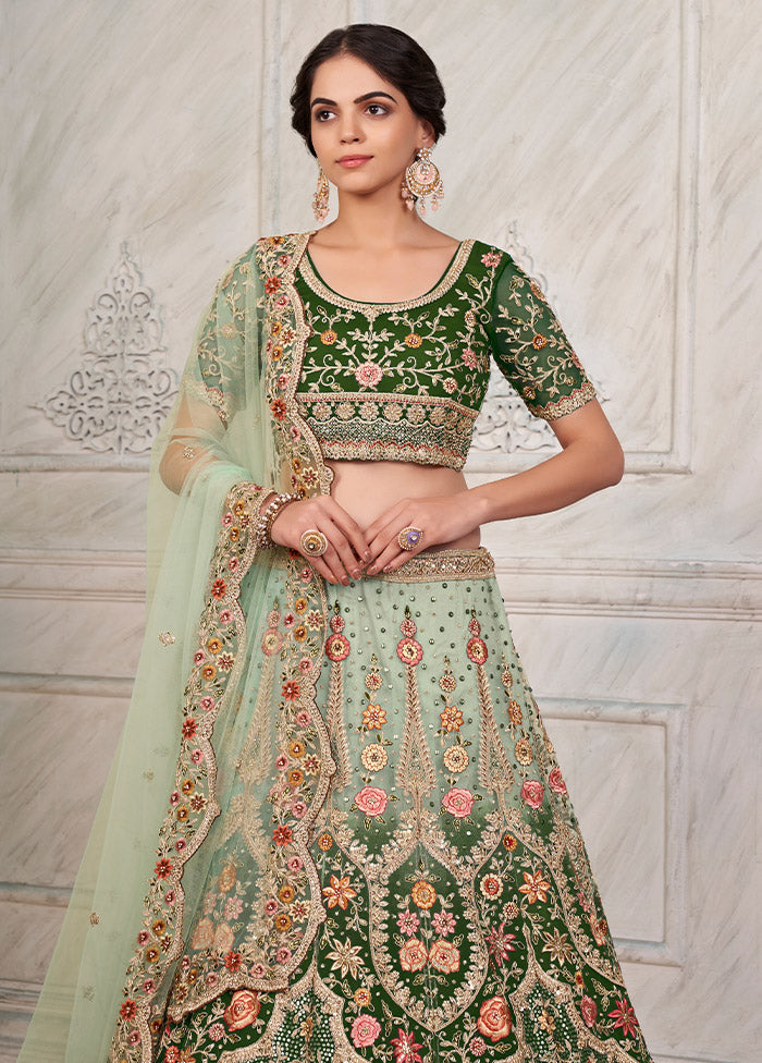 3 Pc Green Net Semi Stitched Lehenga Set