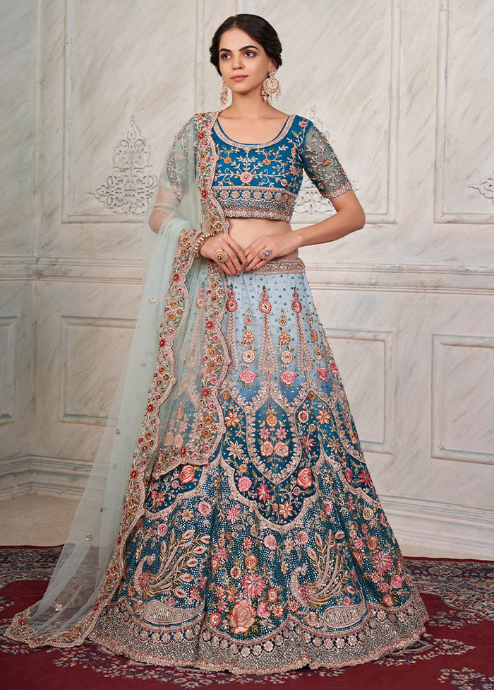 3 Pc Blue Net Semi Stitched Lehenga Set