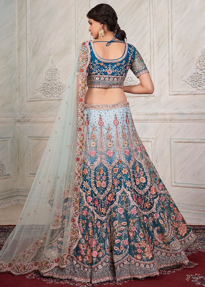 3 Pc Blue Net Semi Stitched Lehenga Set