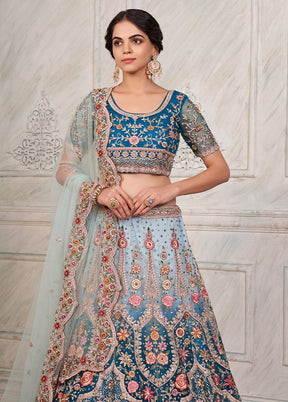 3 Pc Blue Net Semi Stitched Lehenga Set