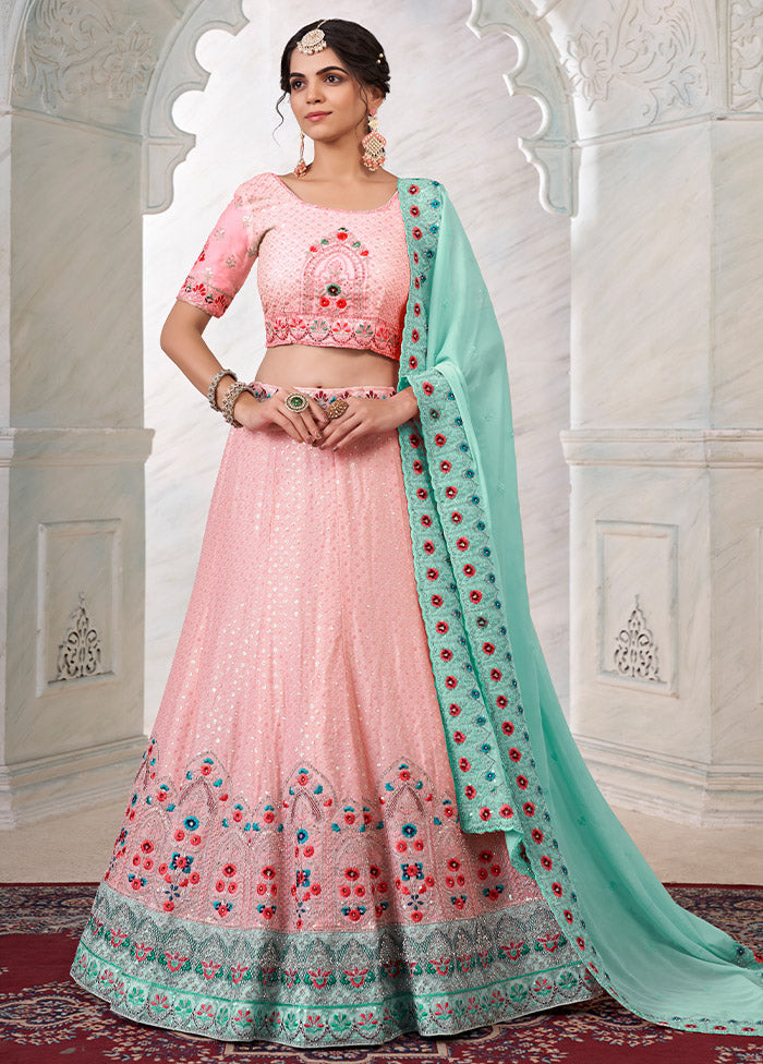 3 Pc Pink Georgette Semi Stitched Lehenga Set