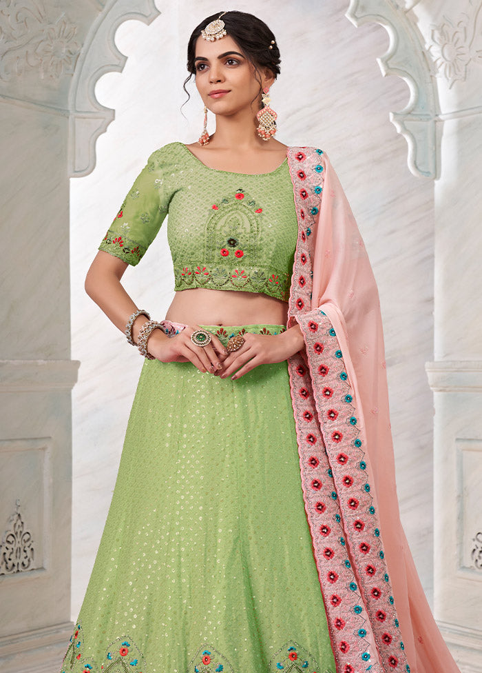 3 Pc Green Georgette Semi Stitched Lehenga Set