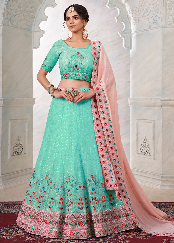 3 Pc Sea Green Georgette Semi Stitched Lehenga Set