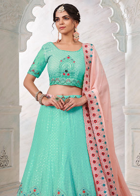 3 Pc Sea Green Georgette Semi Stitched Lehenga Set