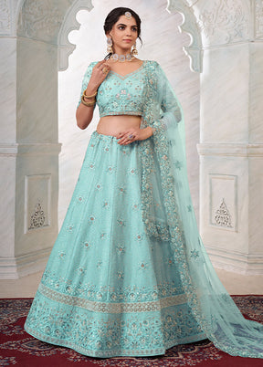 3 Pc Sea Green Silk Semi Stitched Lehenga Set