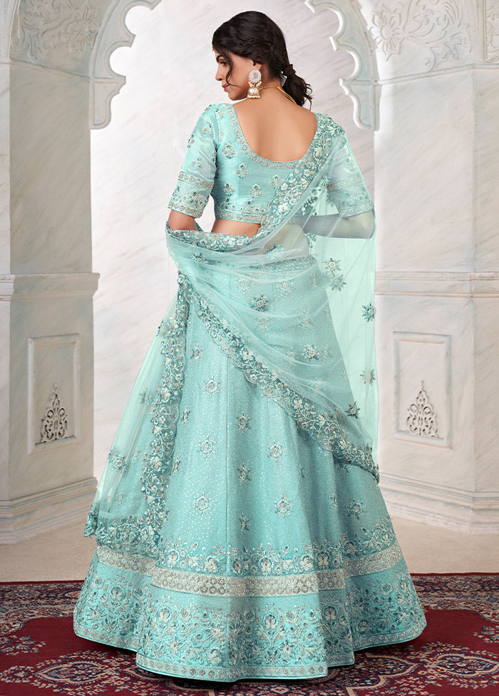 3 Pc Sea Green Silk Semi Stitched Lehenga Set