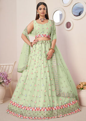 3 Pc Green Net Semi Stitched Lehenga Set