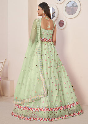 3 Pc Green Net Semi Stitched Lehenga Set