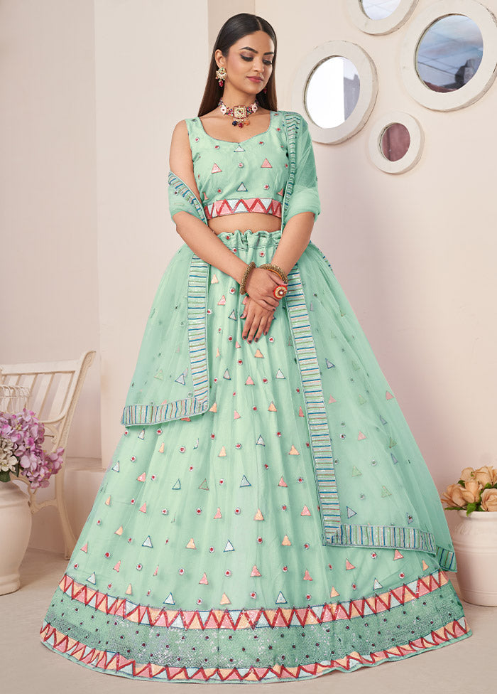 3 Pc Blue Net Semi Stitched Lehenga Set