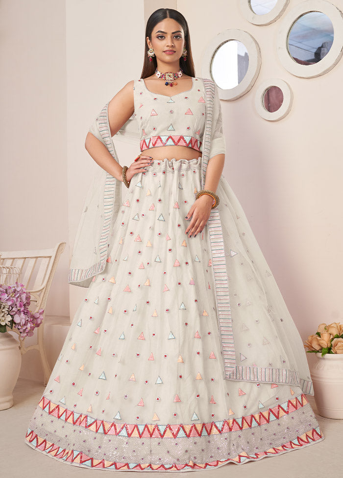 3 Pc White Net Semi Stitched Lehenga Set