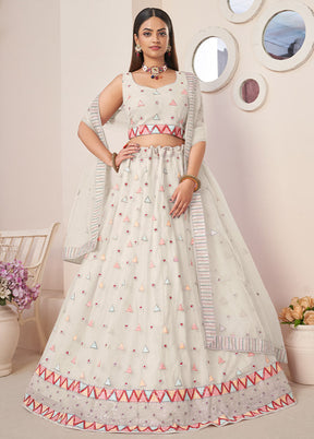 3 Pc White Net Semi Stitched Lehenga Set