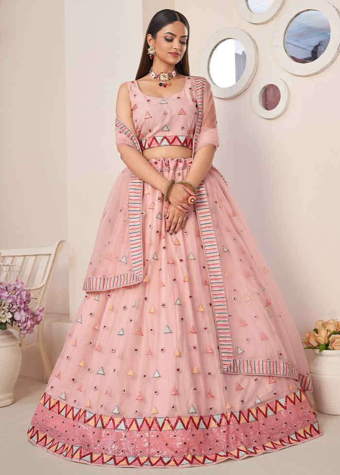 3 Pc Pink Net Semi Stitched Lehenga Set