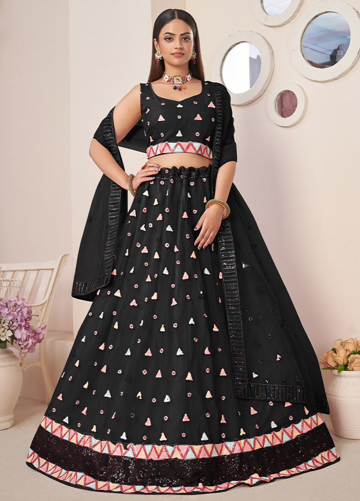 3 Pc Black Net Semi Stitched Lehenga Set