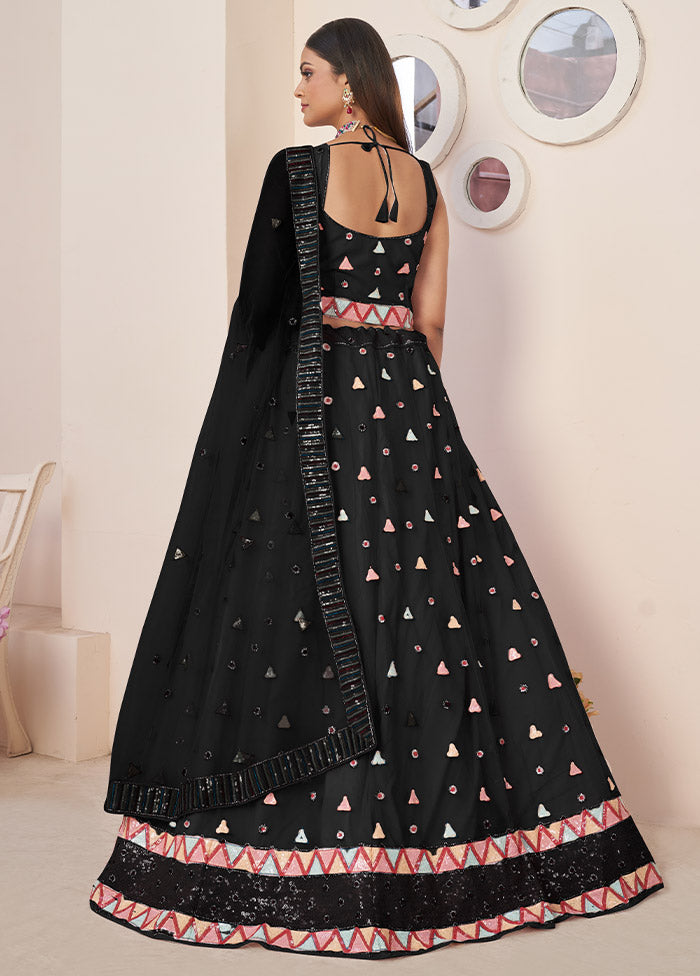 3 Pc Black Net Semi Stitched Lehenga Set