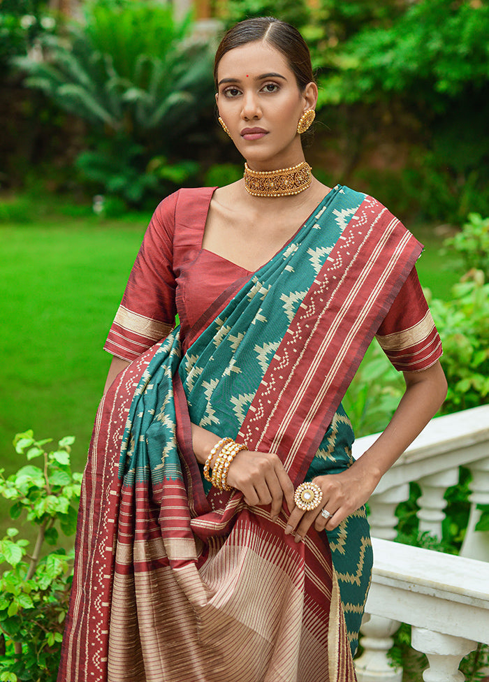 Teal Dupion Silk Saree With Blouse Piece