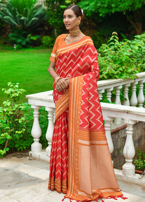 Red Dupion Silk Saree With Blouse Piece