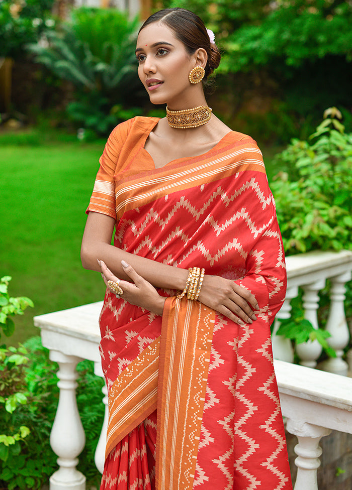 Red Dupion Silk Saree With Blouse Piece